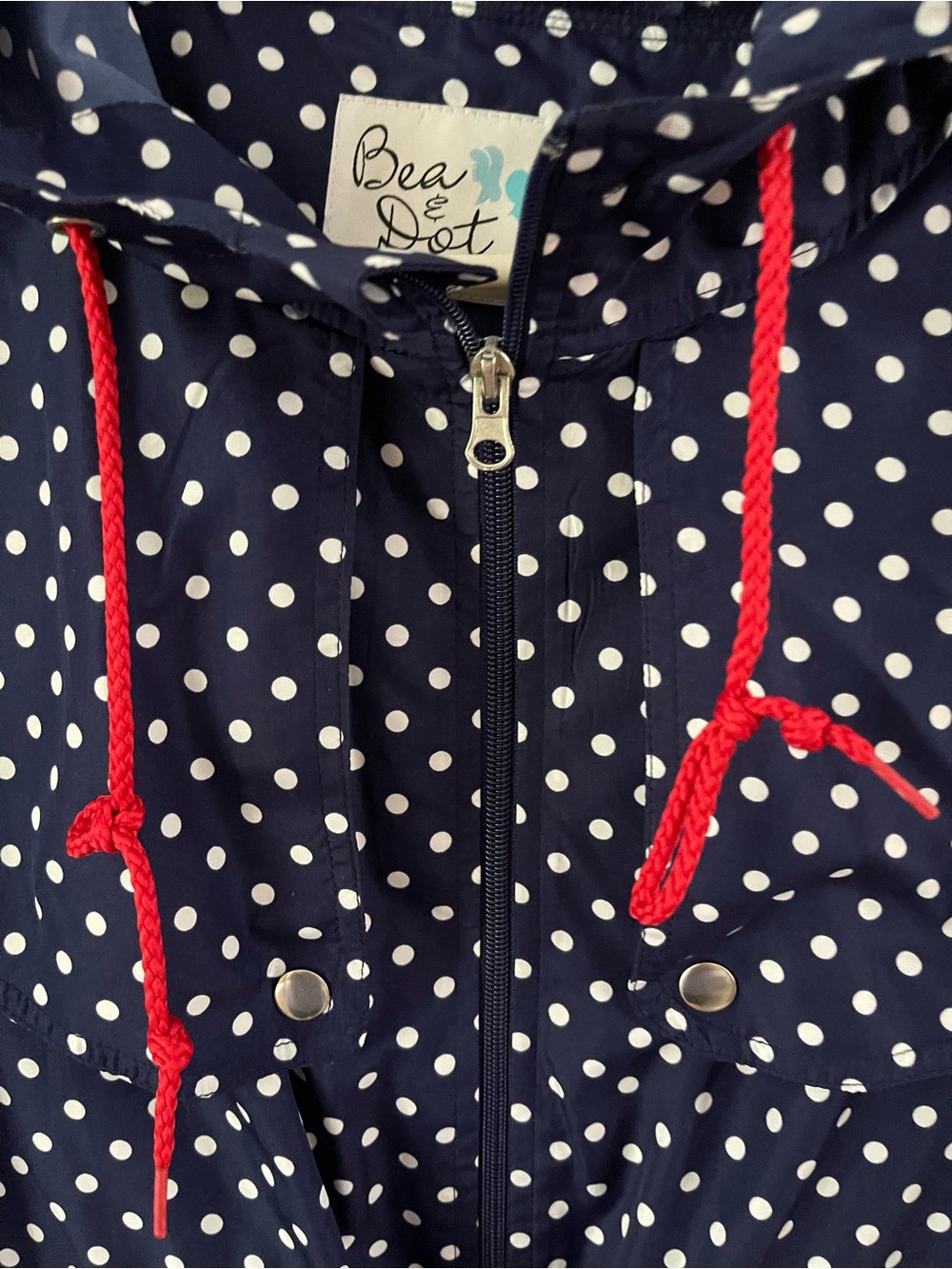 Modcloth Navy and White Polka Dot Rain Coat with Red Drawstrings - Picture 9 of 9
